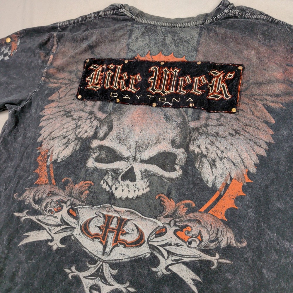 Grunge Biker Daytona Bike Week Graphic Tee Mens Medium Grey Mineral Wash Skull